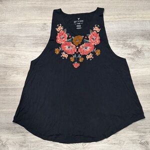 Women's American Eagle Outfitters Charcoal Gray Tank Top with Floral Embroidery